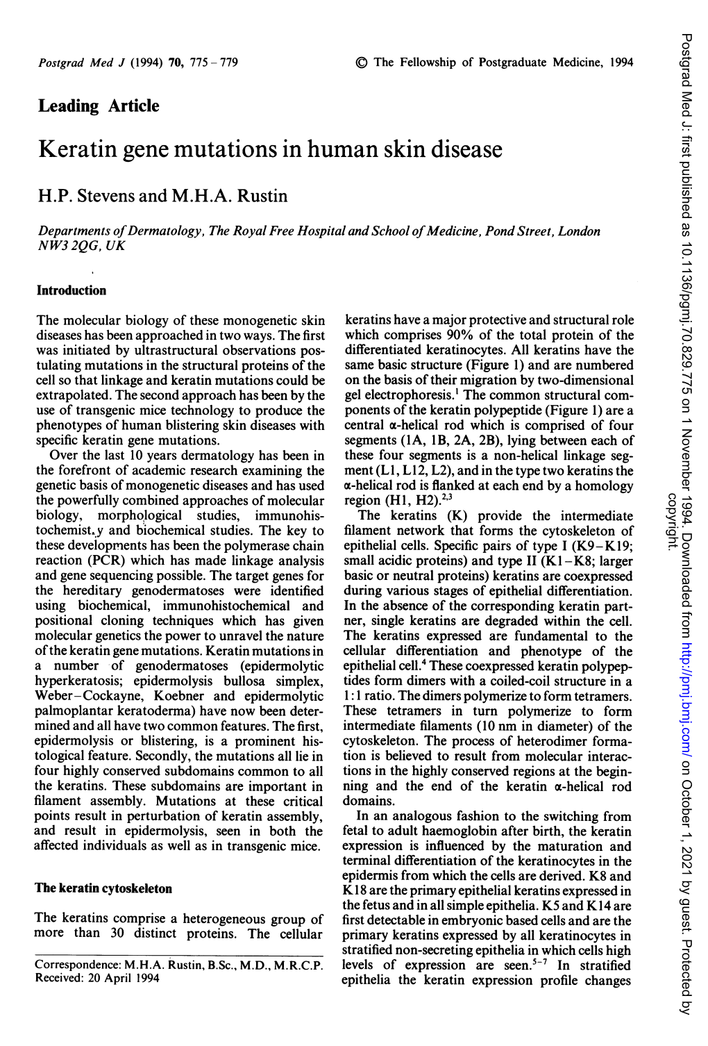 Keratin Gene Mutations in Human Skin Disease H.P