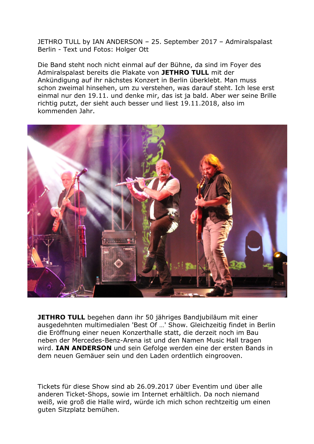 JETHRO TULL by IAN ANDERSON – 25. September 2017 – Admiralspalast Berlin - Text Und Fotos: Holger Ott