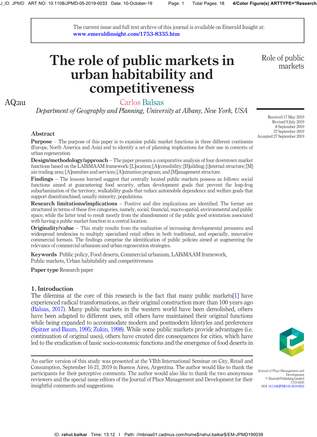 The Role of Public Markets in Urban Habitability and Competitiveness