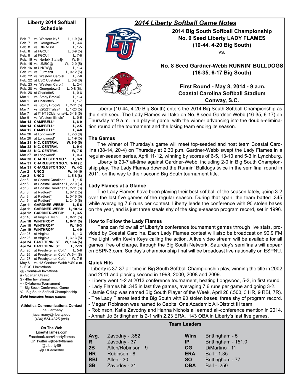 2014 Liberty Softball Game Notes Schedule 2014 Big South Softball Championship Feb