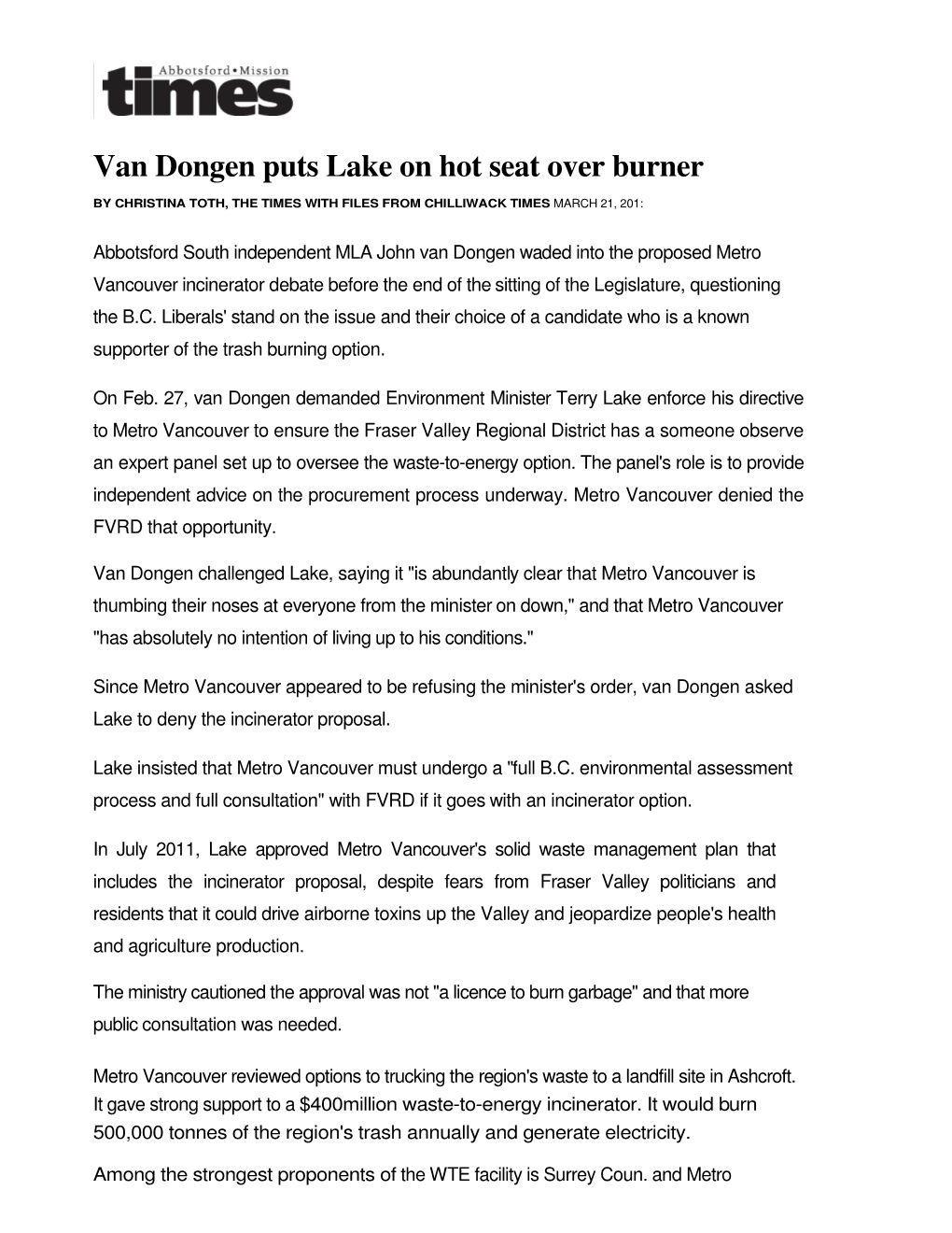 Van Dongen Puts Lake on Hot Seat Over Burner