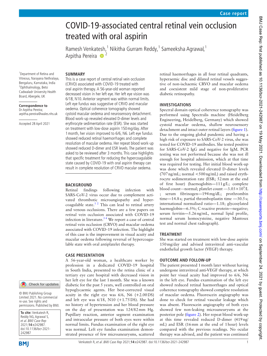 COVID-19-Associated Central Retinal Vein Occlusion Treated with Oral