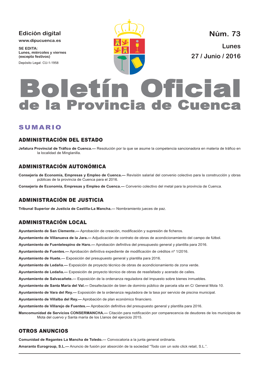 Boletín Oficial De La Provincia De Cuenca Sumario Administración Del Estado