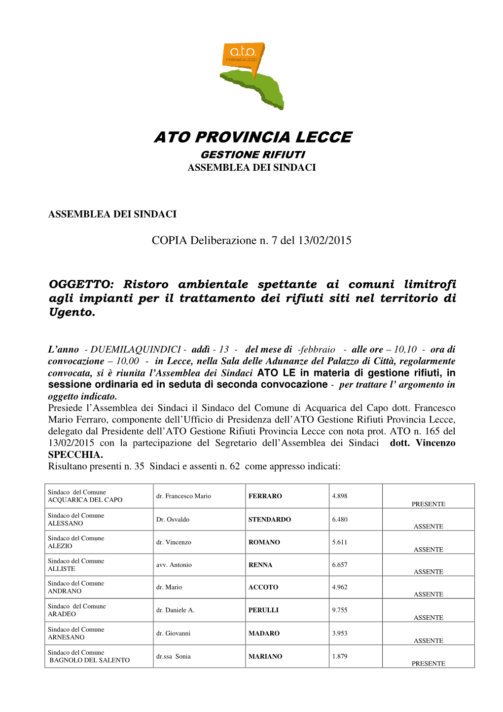 Ato Provincia Lecce Gestione Rifiuti Assemblea Dei Sindaci