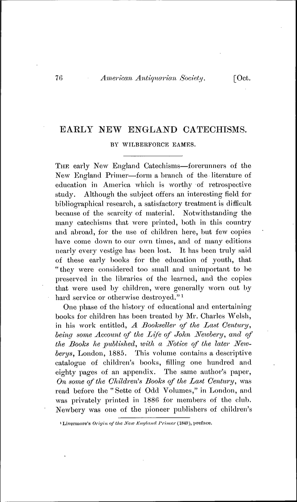 Eaely New England Catechisms. by Wtlberforce Eames