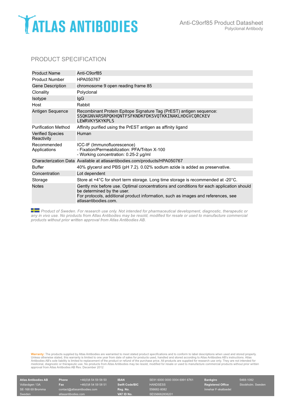 PRODUCT SPECIFICATION Anti-C9orf85 Product