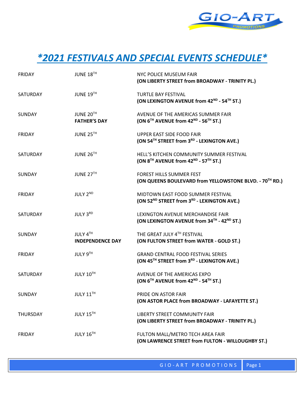 2021 Festivals and Special Events Schedule*