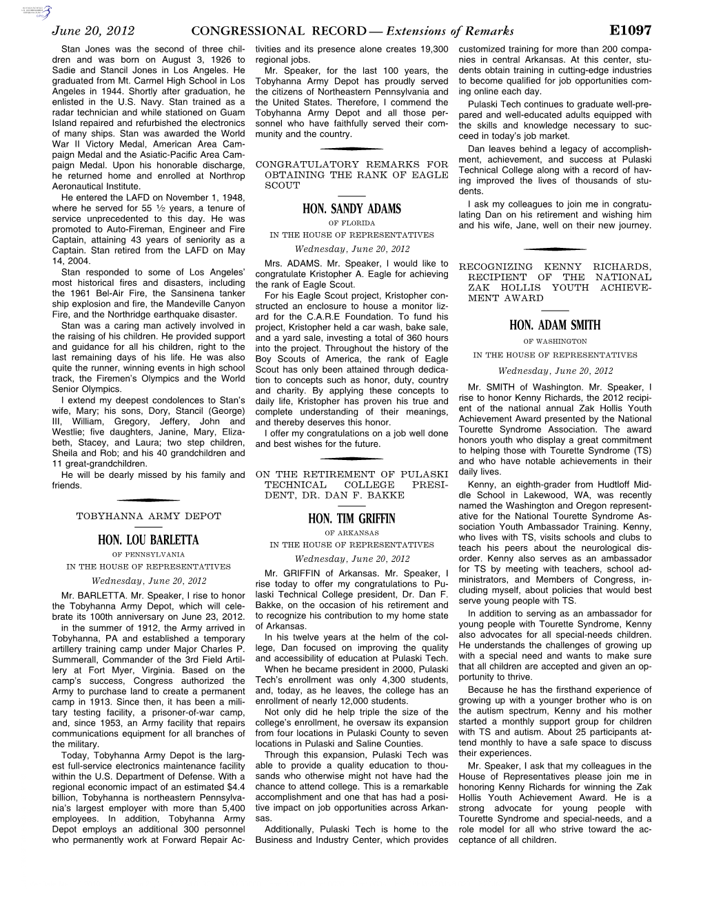 CONGRESSIONAL RECORD— Extensions of Remarks E1097 HON. LOU BARLETTA HON. SANDY ADAMS HON. TIM GRIFFIN HON. ADAM SMITH