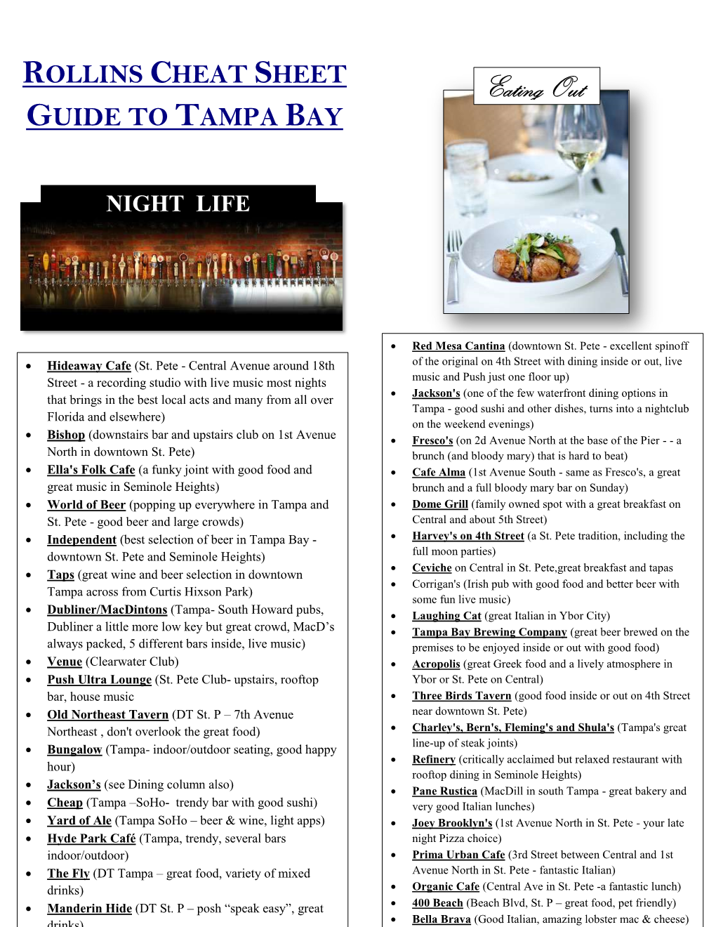 ROLLINS CHEAT SHEET Eating out GUIDE to TAMPA BAY