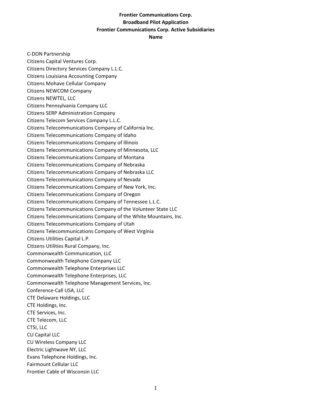 Frontier Communications Corp. Broadband Pilot Application Frontier Communications Corp