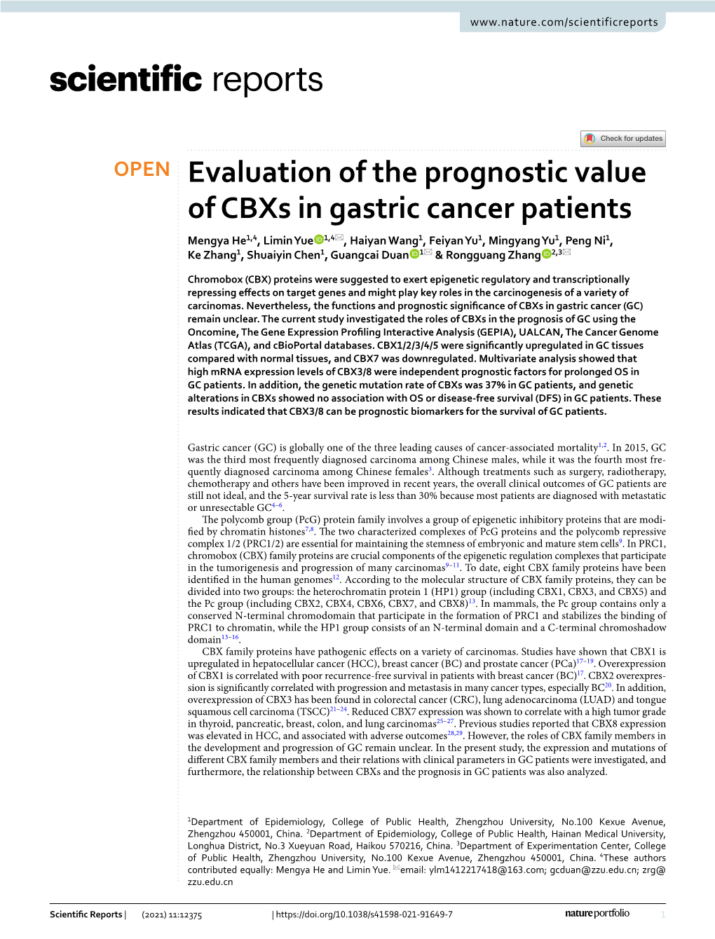 Evaluation of the Prognostic Value of Cbxs in Gastric Cancer Patients