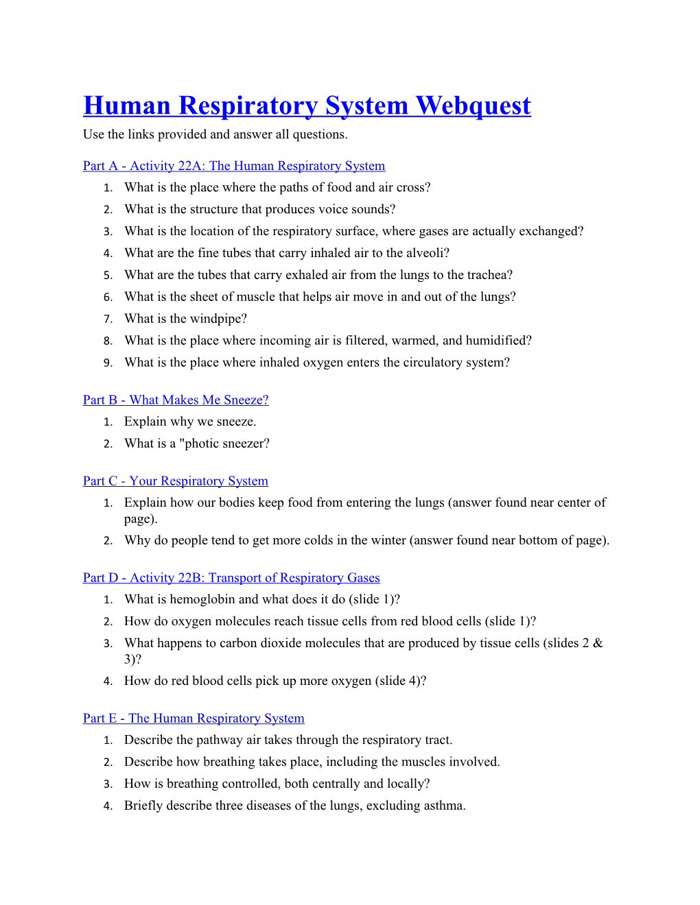 Human Respiratory System Webquest