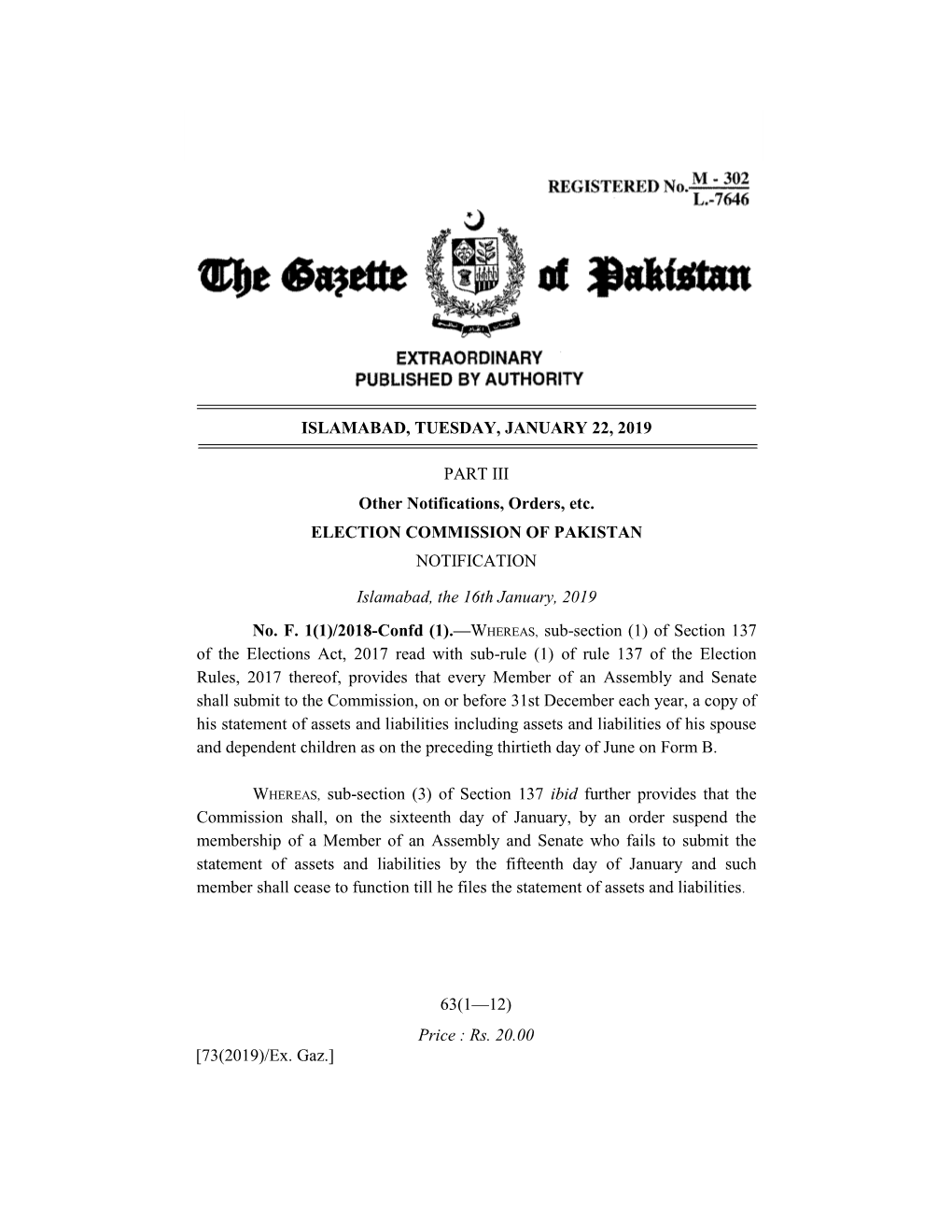 ISLAMABAD, TUESDAY, JANUARY 22, 2019 PART III Other Notifications, Orders, Etc. ELECTION COMMISSION of PAKISTAN NOTIFICATION