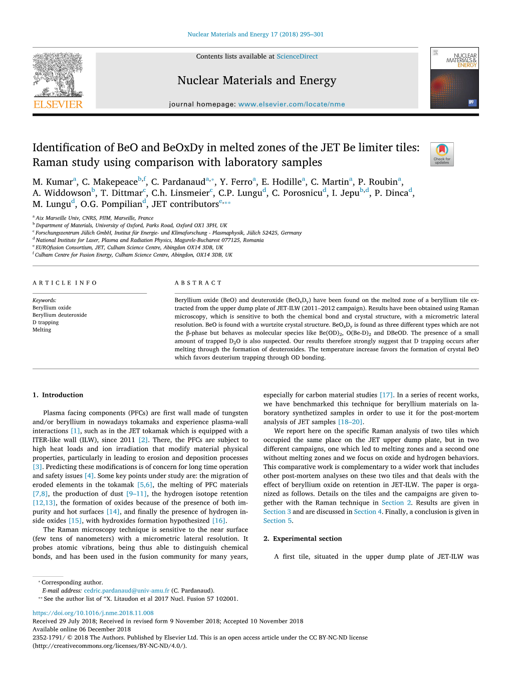 Identification of Beo and Beoxdy in Melted Zones of the JET Be Limiter Tiles Raman Study Using Comparison with Laboratory Sampl