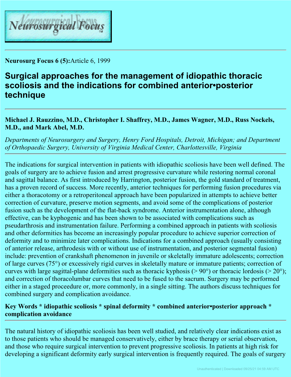 Surgical Approaches for the Management of Idiopathic Thoracic Scoliosis and the Indications for Combined Anterior­Posterior Technique