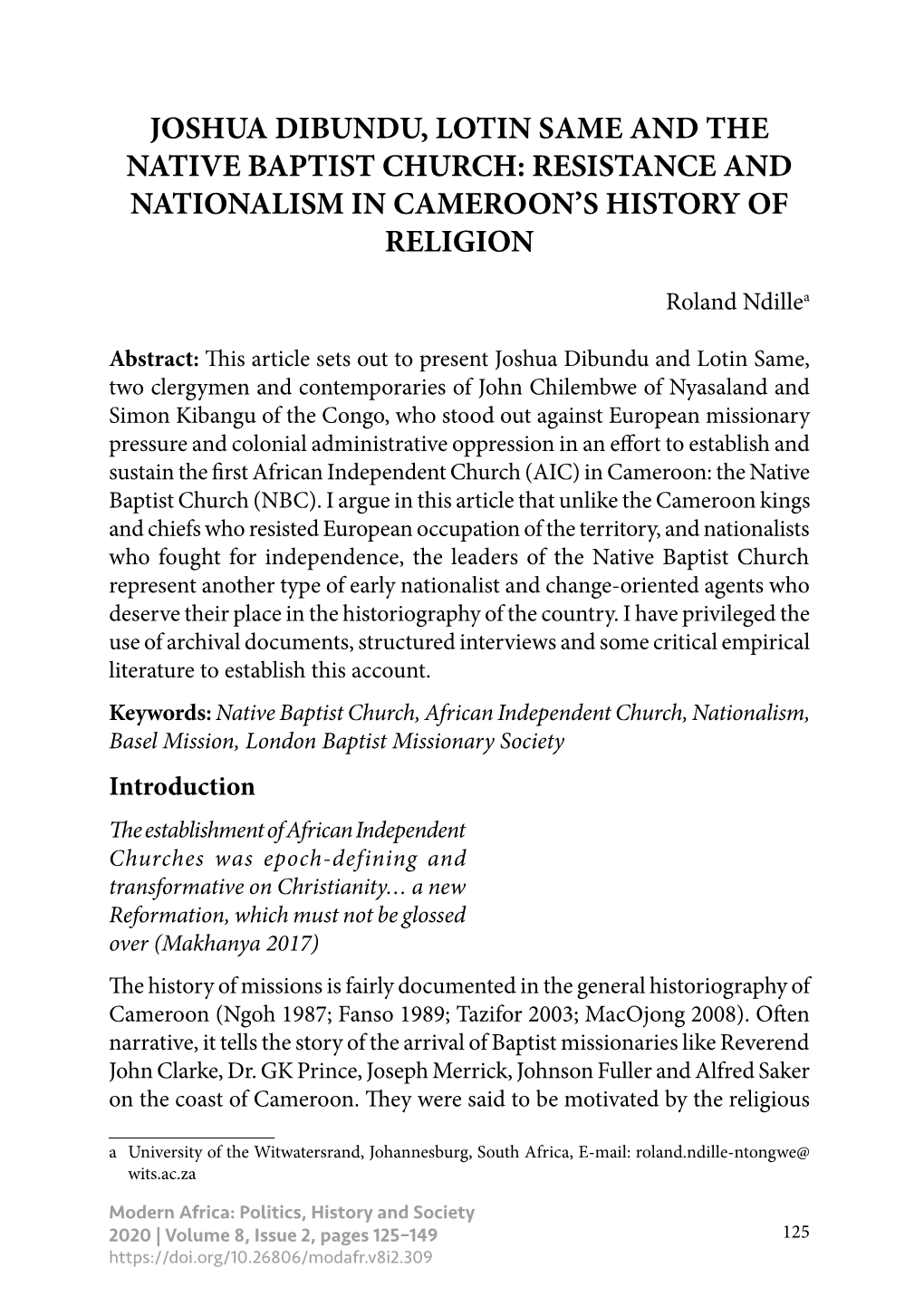 Joshua Dibundu, Lotin Same and the Native Baptist Church: Resistance and Nationalism in Cameroon’S History of Religion