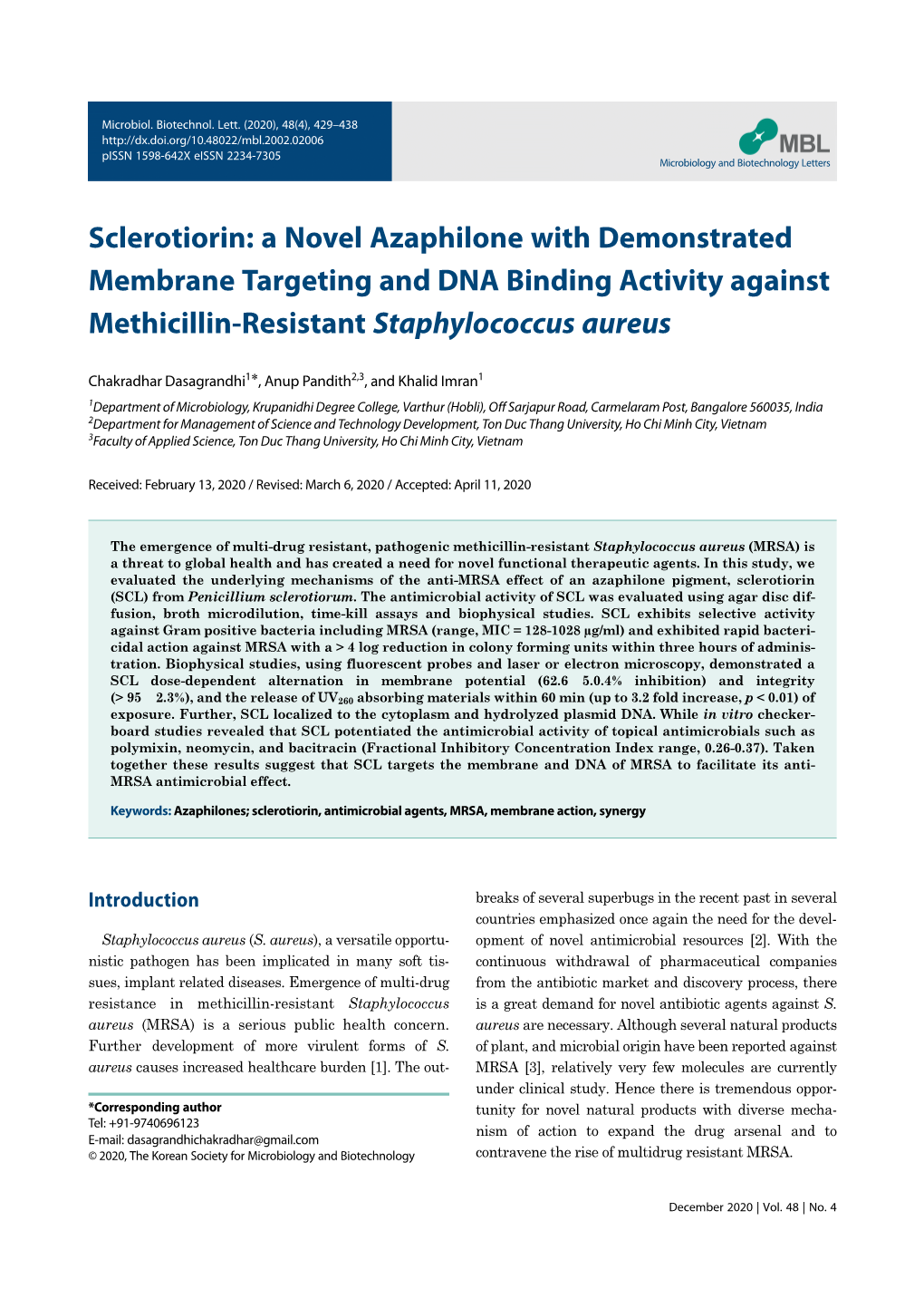 Sclerotiorin: a Novel Azaphilone with Demonstrated Membrane Targeting and DNA Binding Activity Against Methicillin-Resistant Staphylococcus Aureus