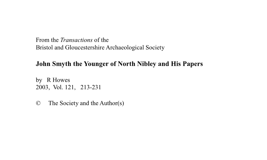 John Smyth the Younger of North Nibley and His Papers by R Howes 2003, Vol