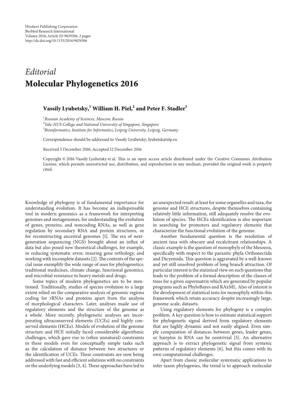 Editorial Molecular Phylogenetics 2016