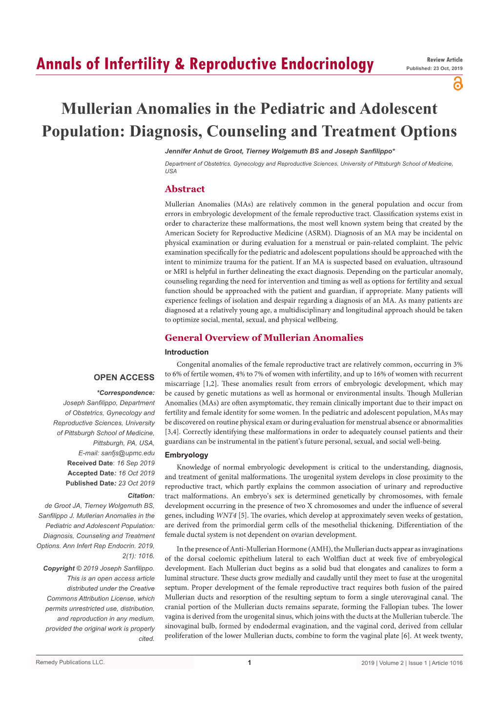 Mullerian Anomalies in the Pediatric and Adolescent Population: Diagnosis, Counseling and Treatment Options