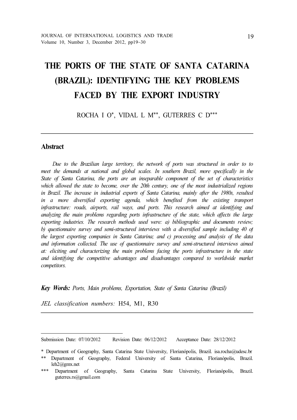 The Ports of the State of Santa Catarina (Brazil): Identifying the Key Problems Faced by the Export Industry