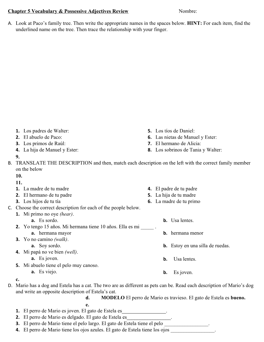 Chapter 5 Vocabulary & Possessive Adjectives Review Nombre