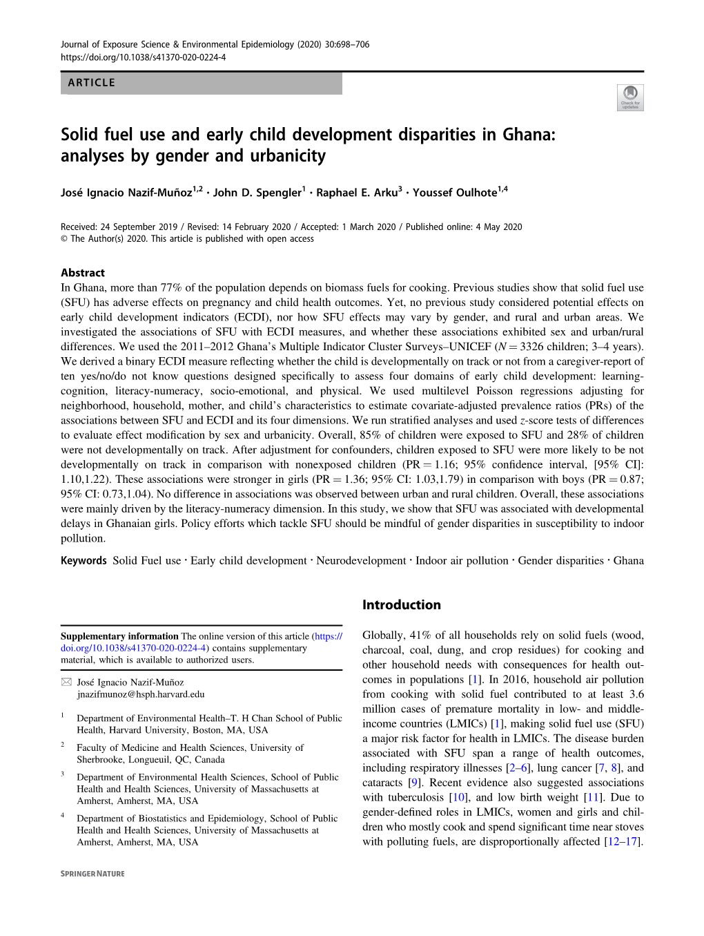 Solid Fuel Use and Early Child Development Disparities in Ghana: Analyses by Gender and Urbanicity