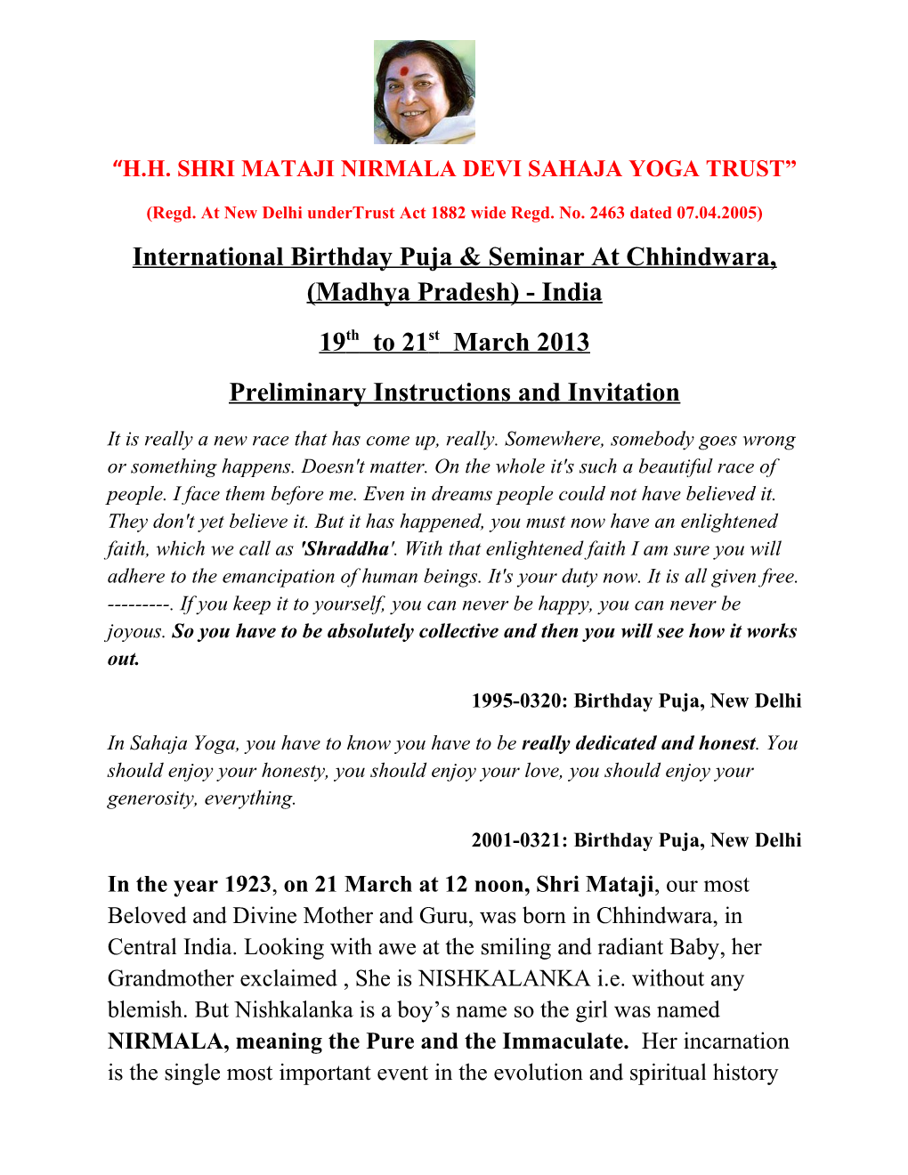 H.H. Shri Mataji Nirmala Devi Sahaja Yoga Trust