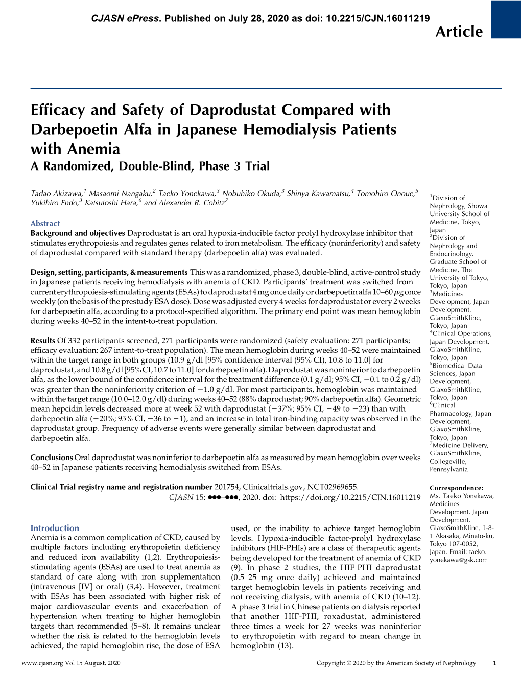 Article Efficacy and Safety of Daprodustat Compared
