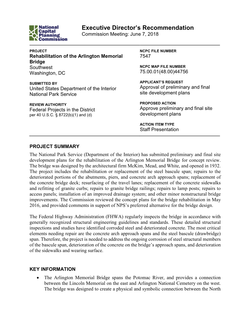 Rehabilitation of the Arlington Memorial Bridge for Concept Review