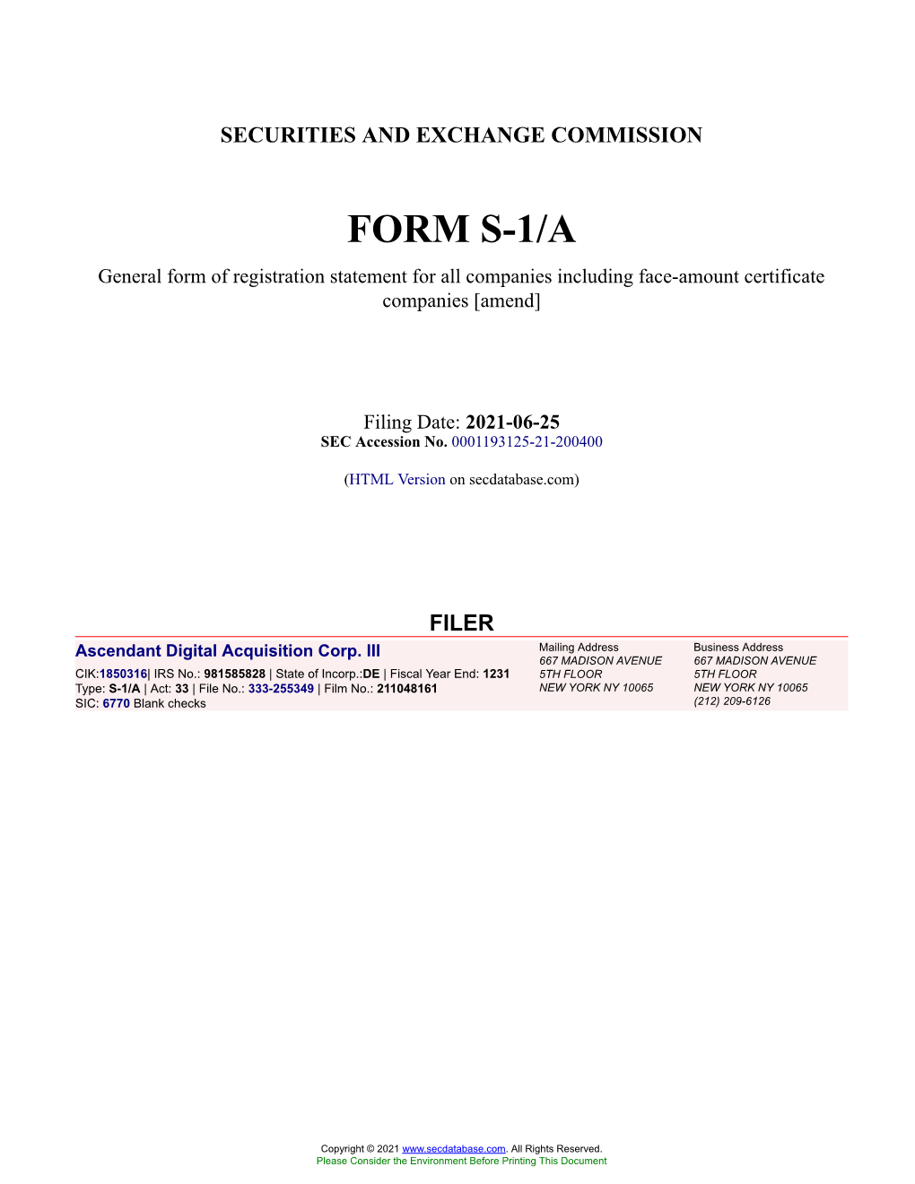 Ascendant Digital Acquisition Corp. III Form S-1/A Filed 2021-06-25