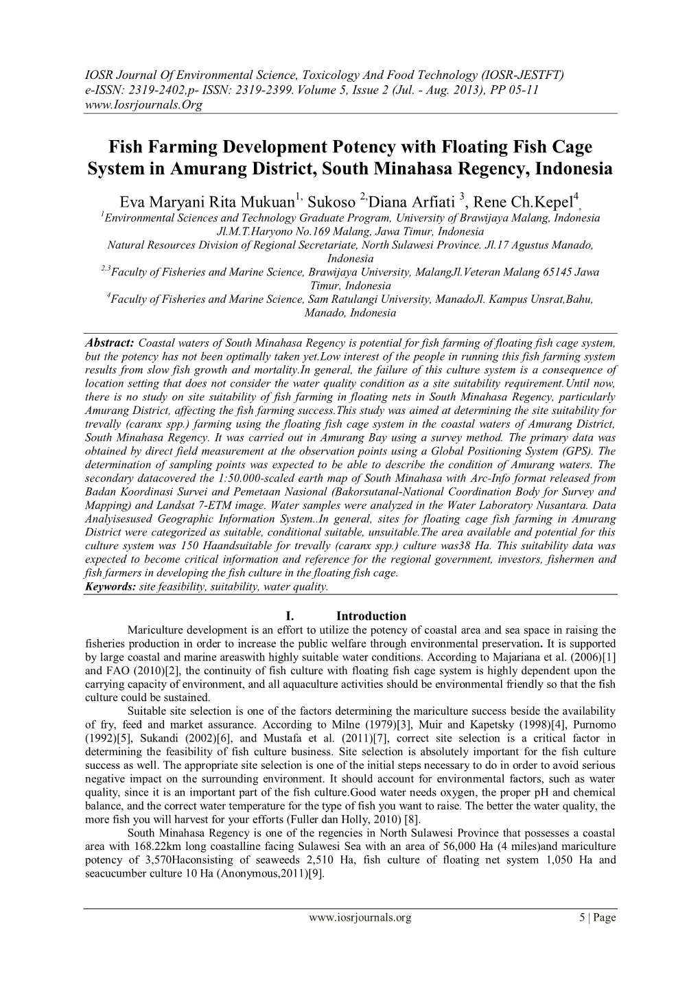 Fish Farming Development Potency with Floating Fish Cage System in Amurang District, South Minahasa Regency, Indonesia