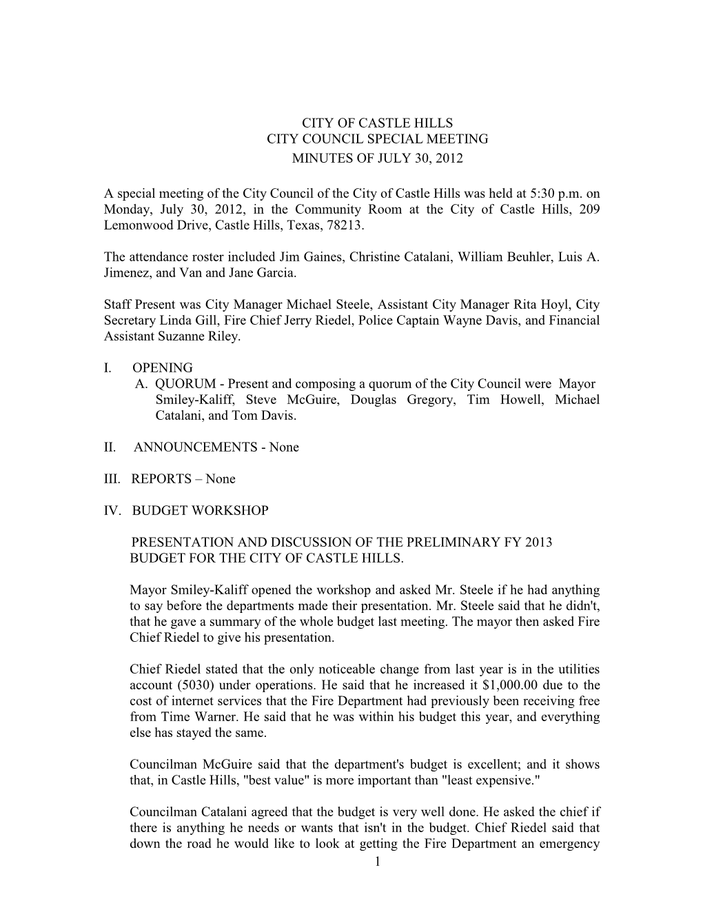 City of Castle Hills City Council Special Meeting Minutes of July 30, 2012