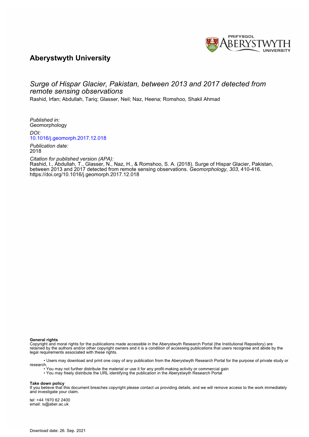 Surge of Hispar Glacier, Pakistan, Between 2013 and 2017 Detected