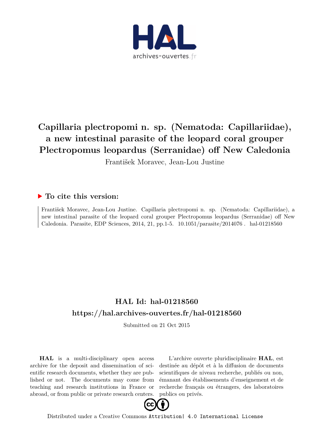 Capillaria Plectropomi N. Sp. (Nematoda: Capillariidae)