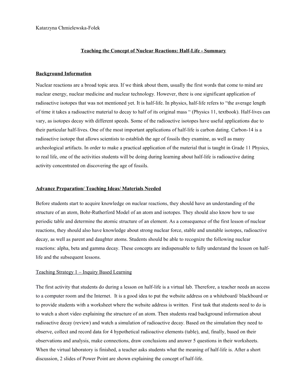 Teaching the Concept of Nuclear Reactions: Half-Life - Summary