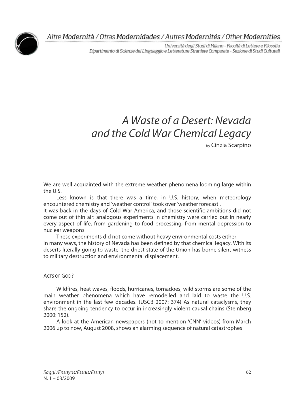 A Waste of a Desert: Nevada and the Cold War Chemical Legacy