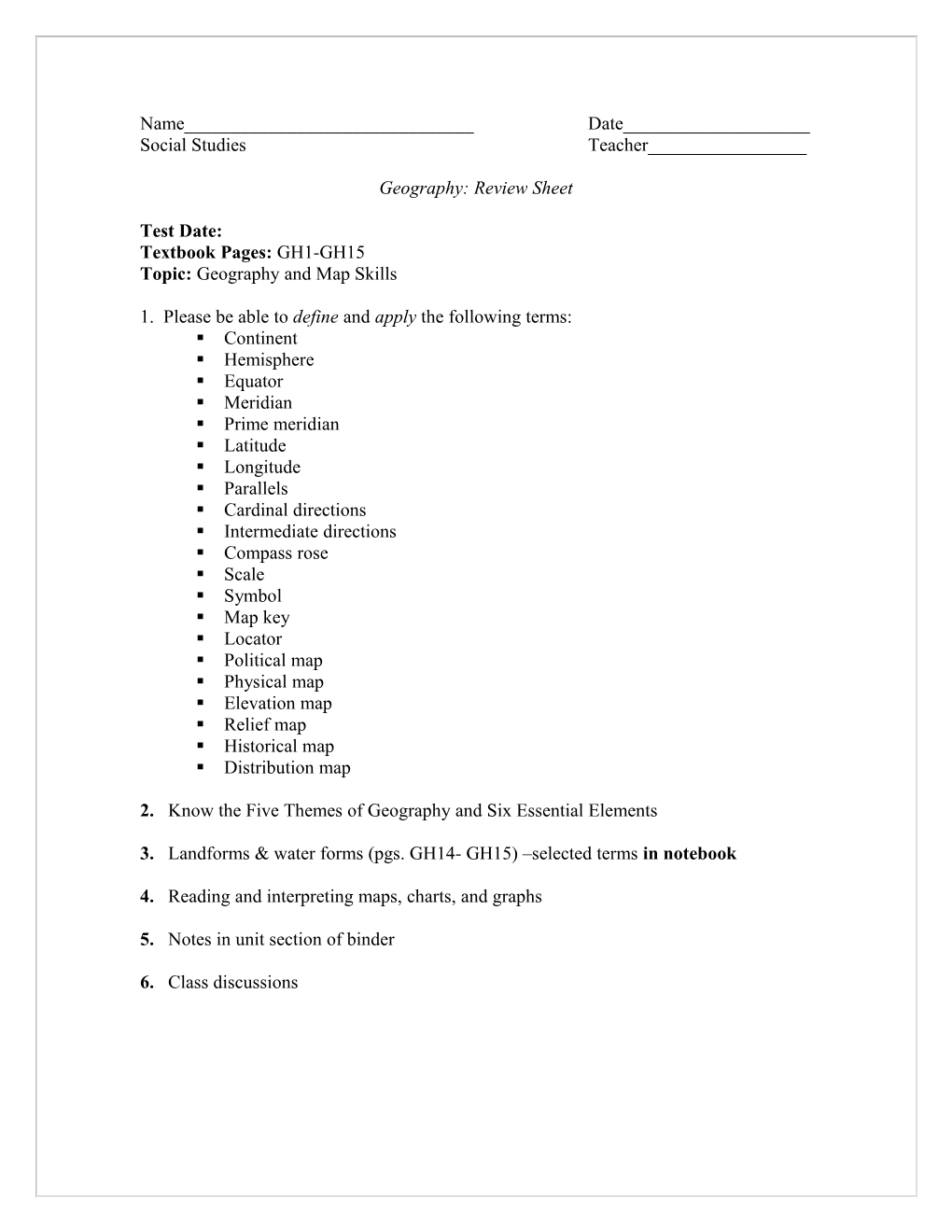Geography Review Sheet