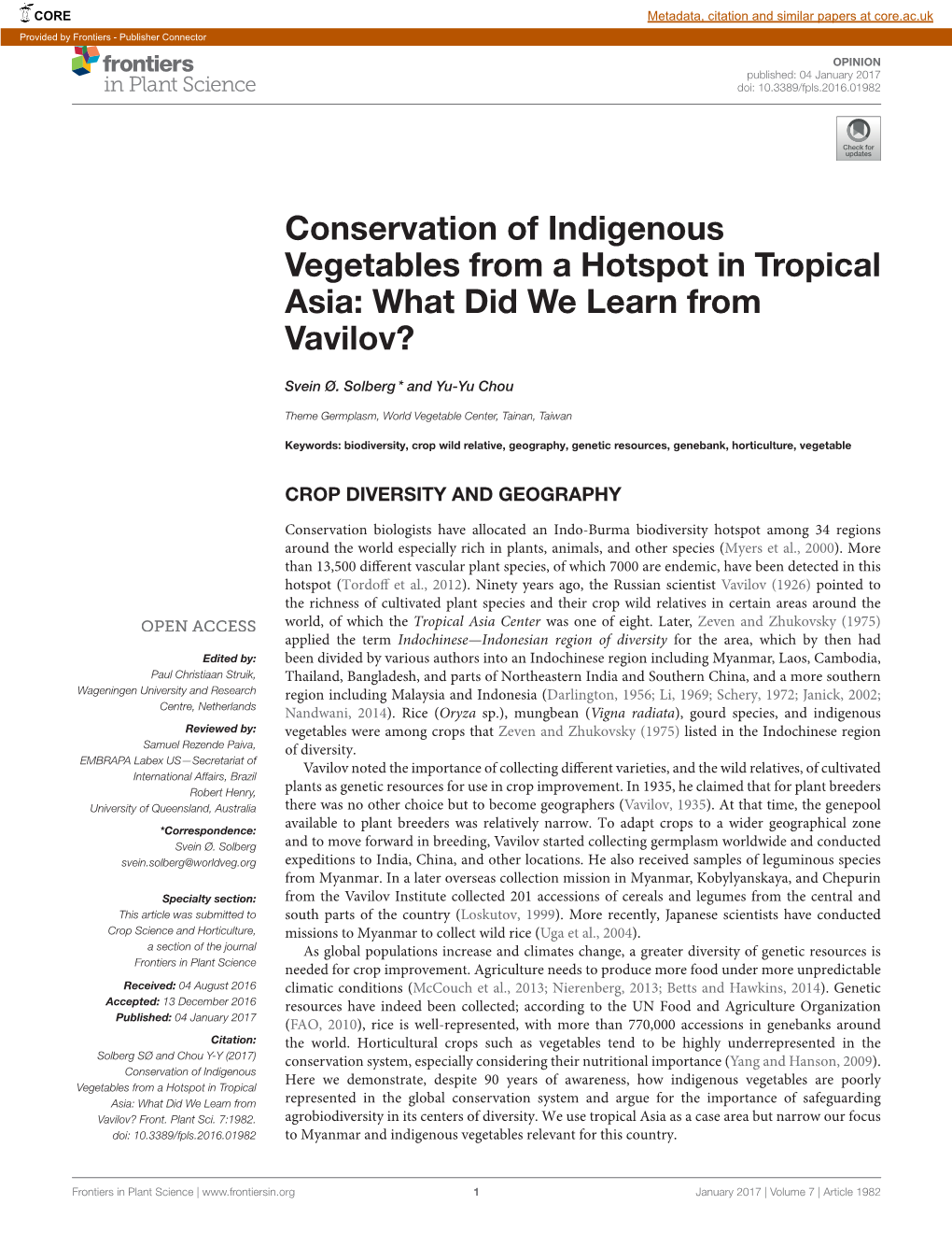 Conservation of Indigenous Vegetables from a Hotspot in Tropical Asia: What Did We Learn from Vavilov?
