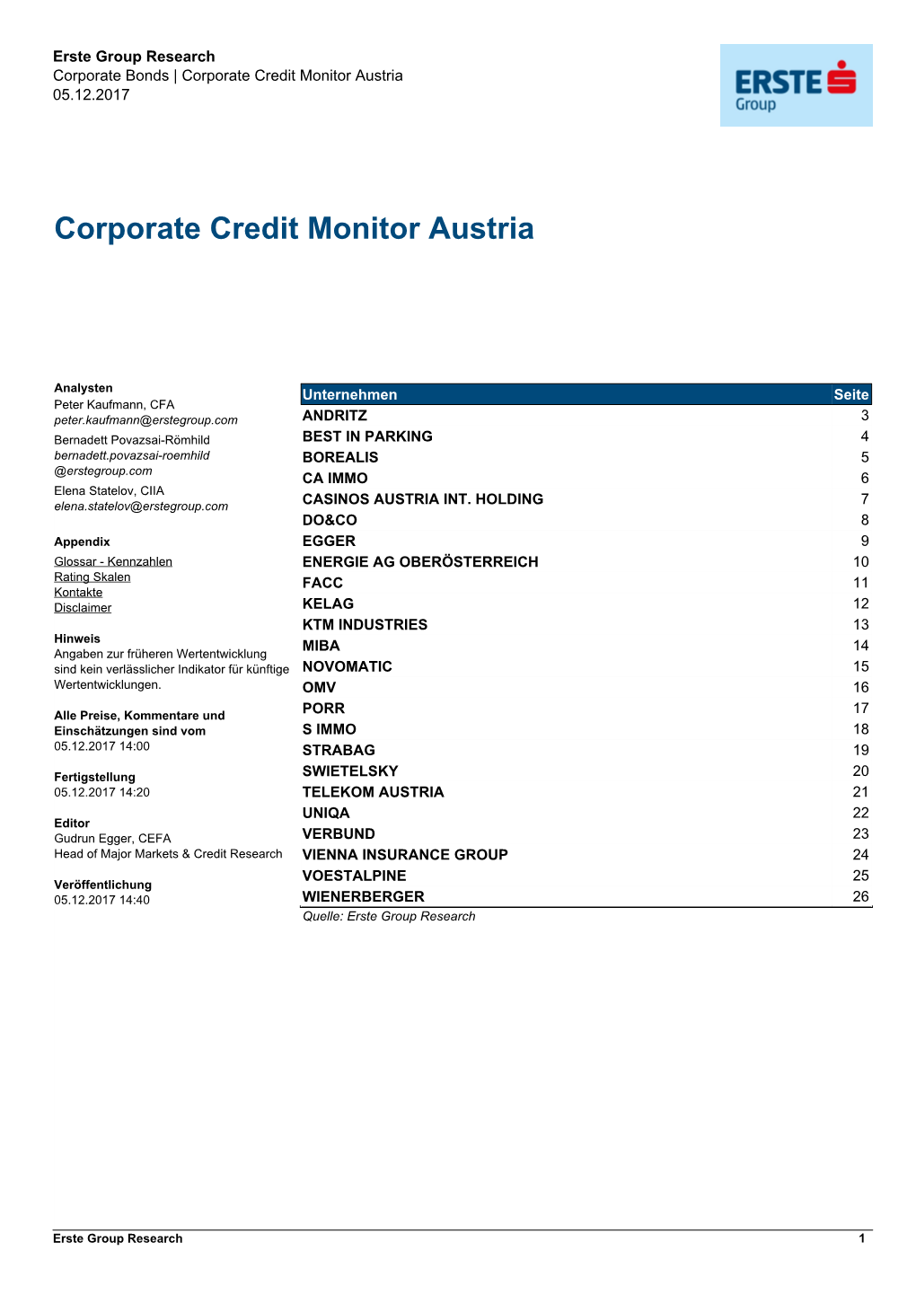 Erste Group Corporate Credit Monitor Austria