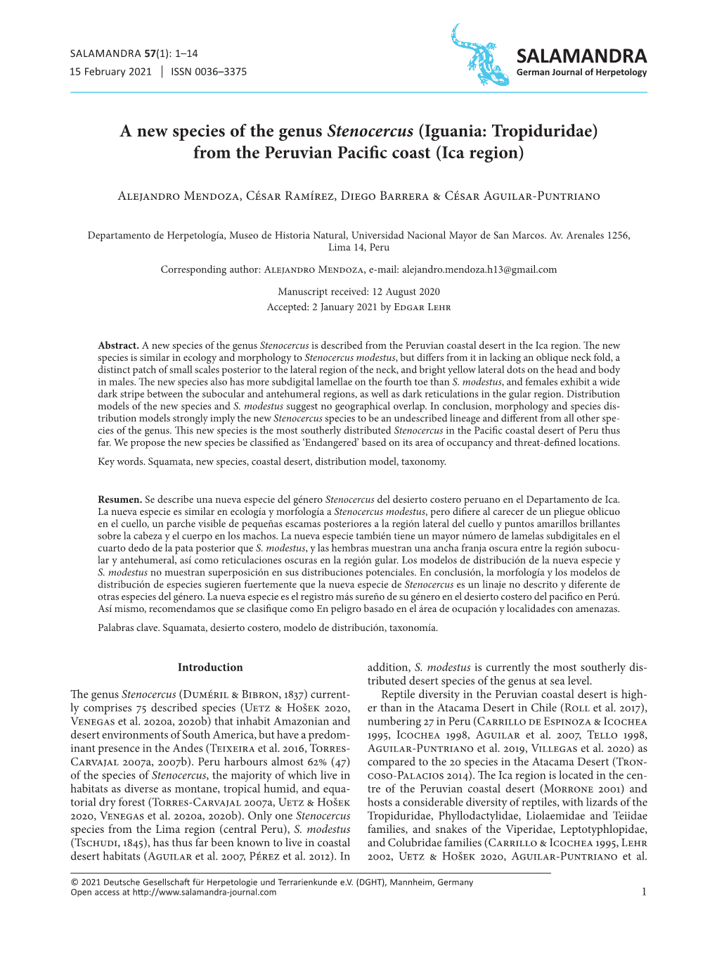 A New Species of the Genus Stenocercus (Iguania: Tropiduridae) from the Peruvian Pacific Coast (Ica Region)