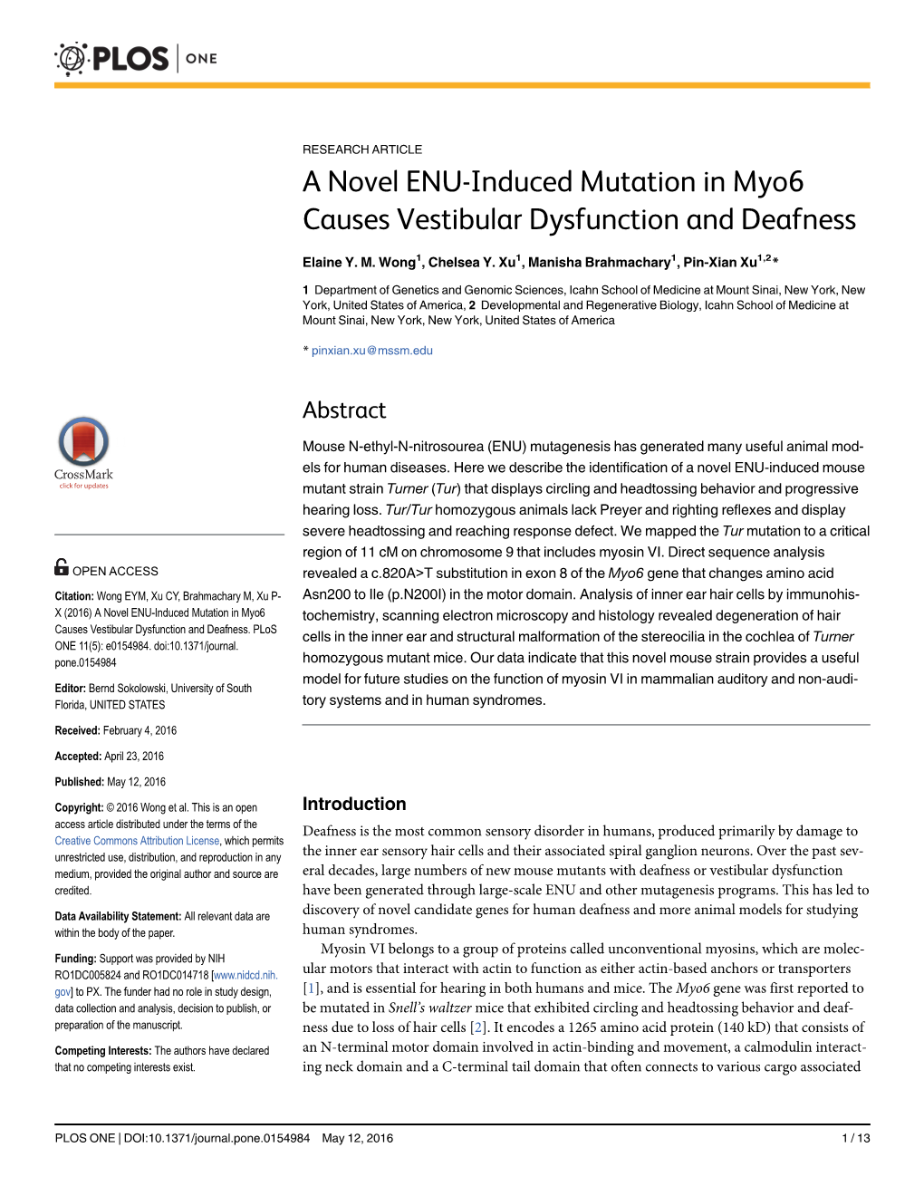 A Novel ENU-Induced Mutation in Myo6 Causes Vestibular Dysfunction and Deafness