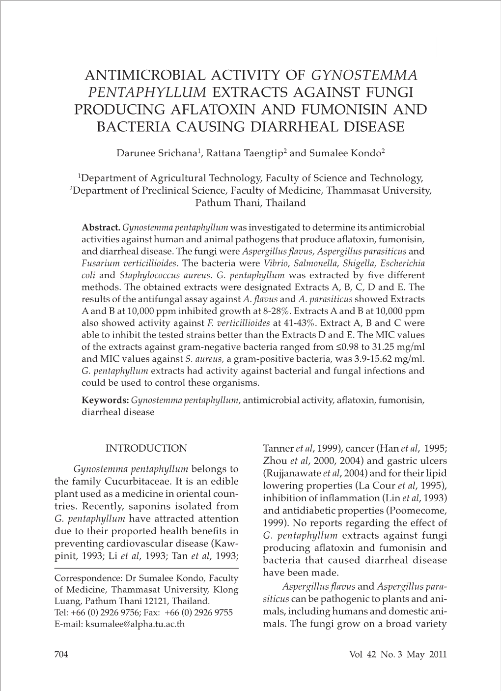 Antimicrobial Activity of Gynostemma Pentaphyllum Extracts Against Fungi Producing Aflatoxin and Fumonisin and Bacteria Causing Diarrheal Disease