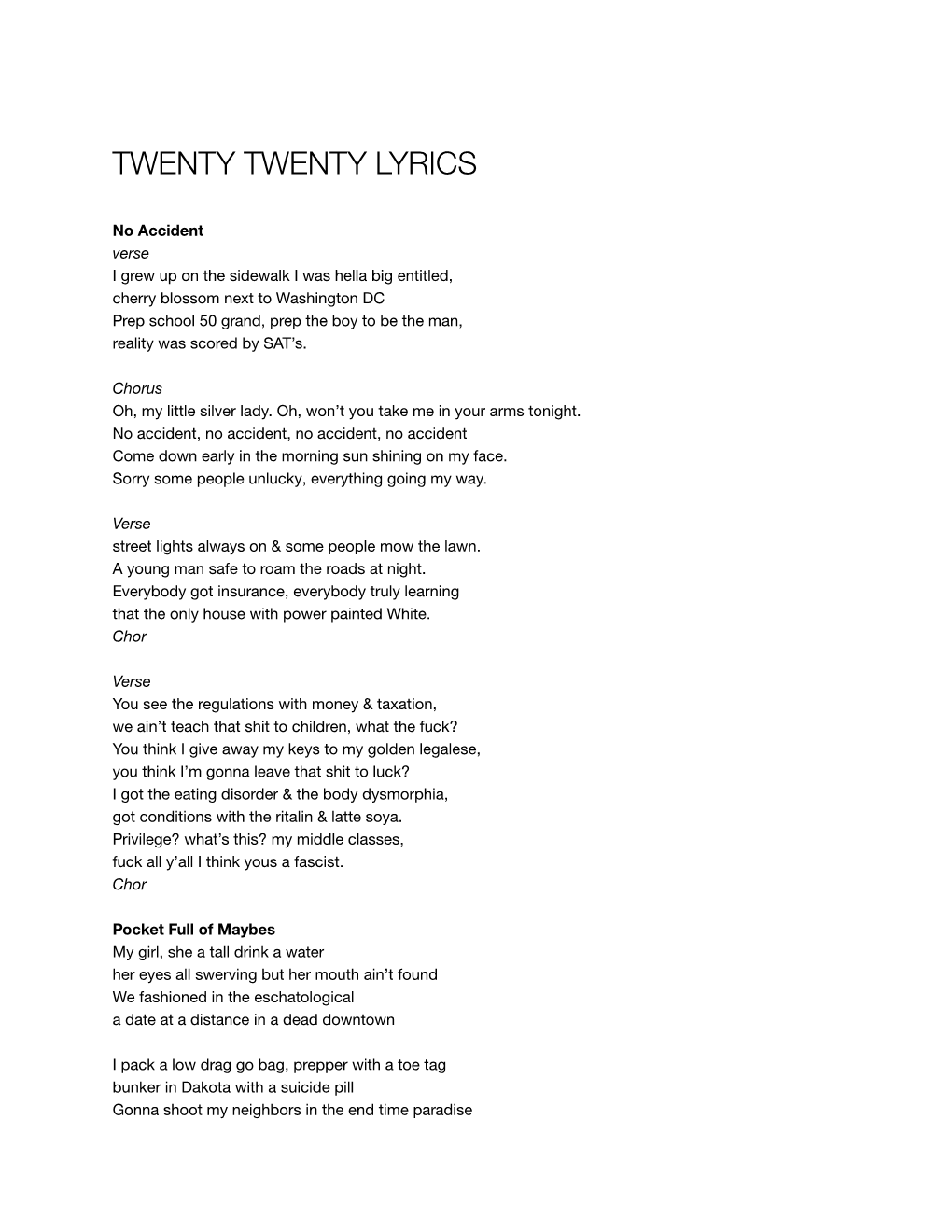 Twenty Twenty Lyrics