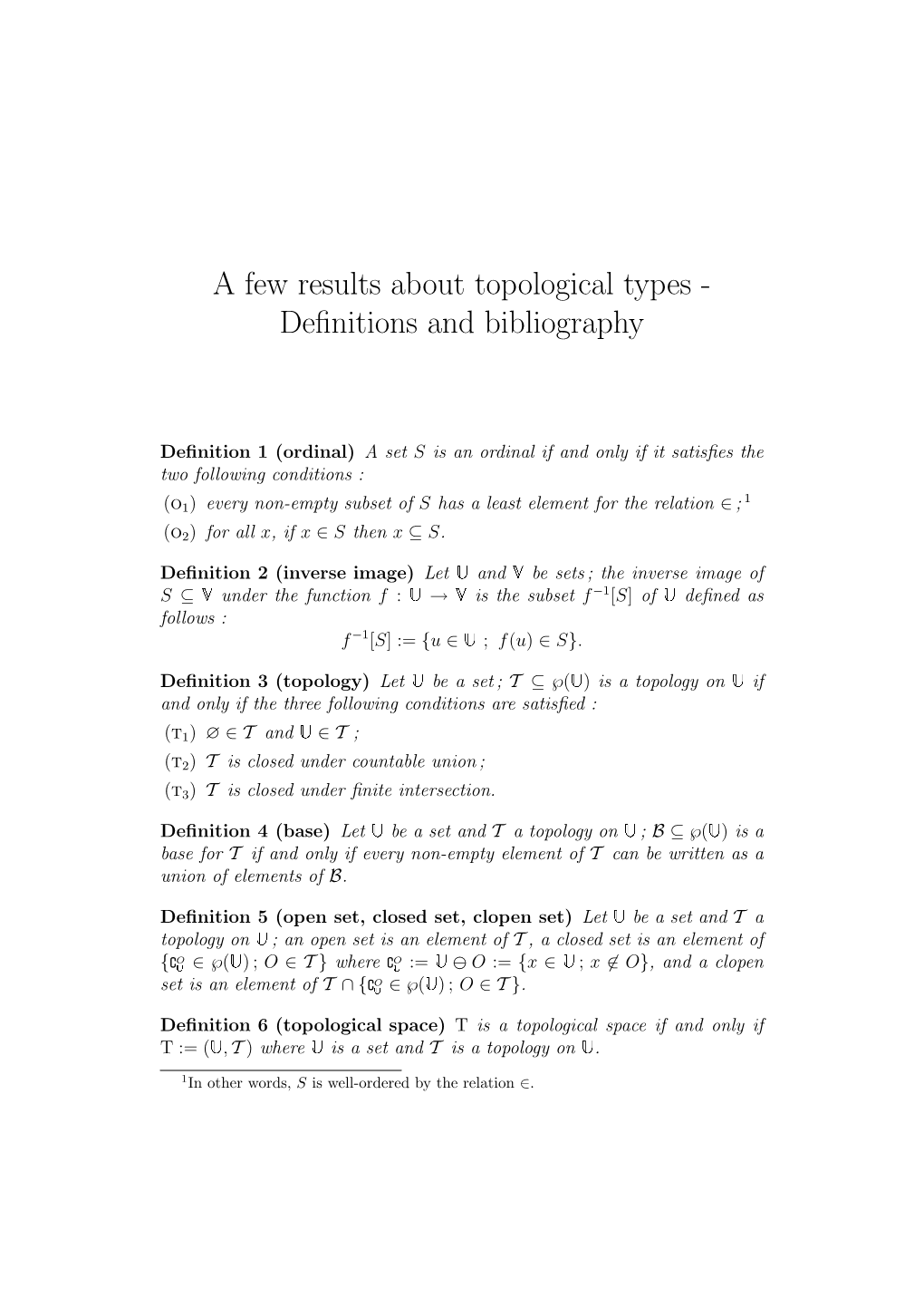 A Few Results About Topological Types - Deﬁnitions and Bibliography