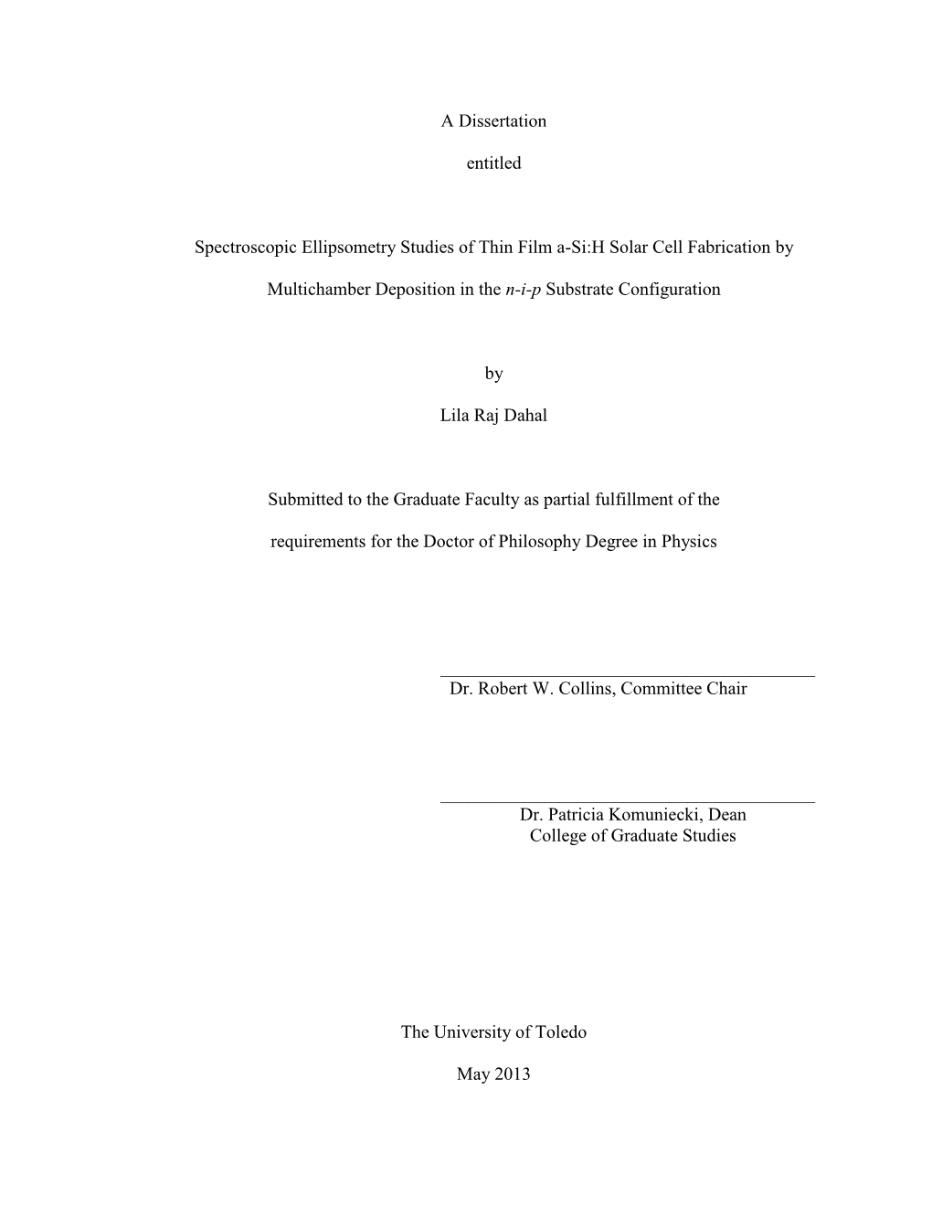 A Dissertation Entitled Spectroscopic Ellipsometry Studies of Thin Film A