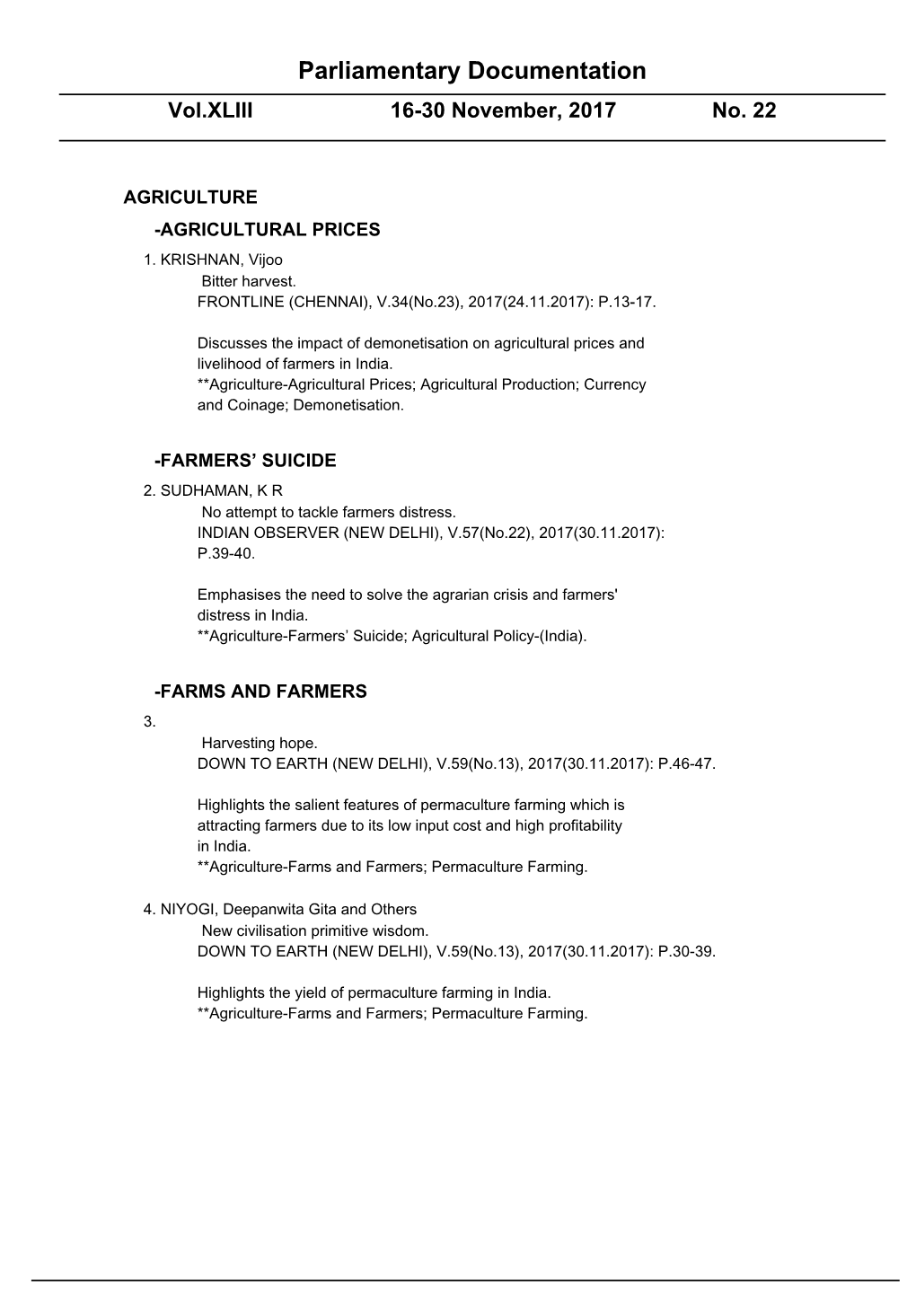 Parliamentary Documentation Vol.XLIII 16-30 November, 2017 No