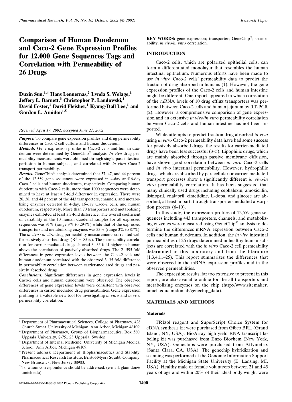 Comparison of Human Duodenum and Caco-2 Gene Expression