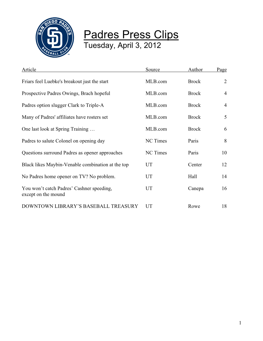 Padres Press Clips Tuesday, April 3, 2012