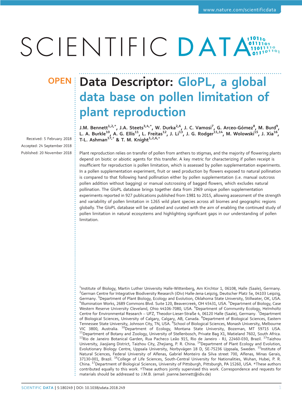 Glopl, a Global Data Base on Pollen Limitation of Plant Reproduction